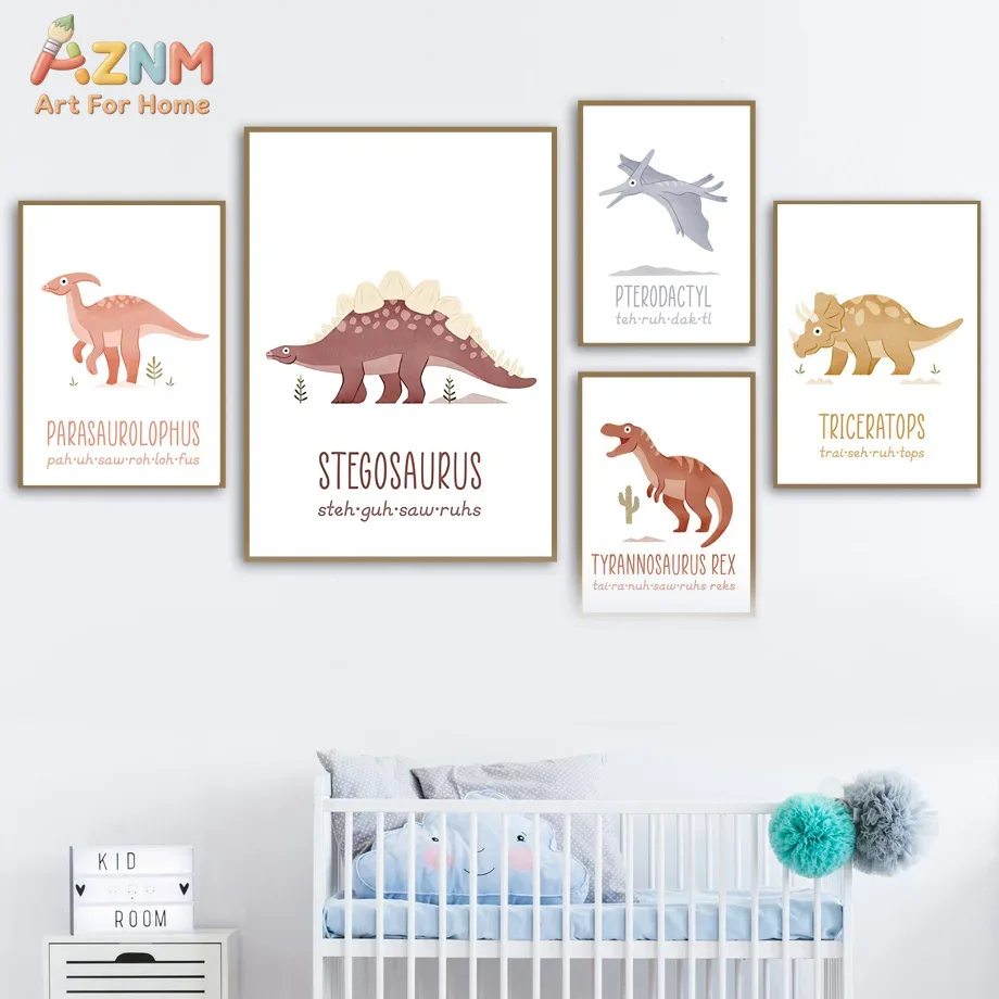 Kids Educational Poster - AZNM Cute Watercolor Dinosaur Canvas Wall