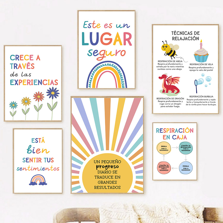 Kids Educational Poster - Spanish Education Motto Rainbow Sunshine Wall