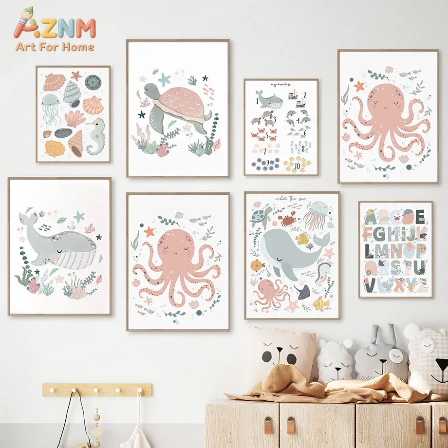 AZNM Nursery Sea Animal Canvas - Kids Educational Poster review and price